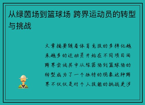 从绿茵场到篮球场 跨界运动员的转型与挑战