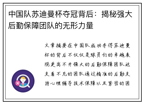 中国队苏迪曼杯夺冠背后：揭秘强大后勤保障团队的无形力量