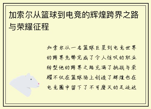加索尔从篮球到电竞的辉煌跨界之路与荣耀征程