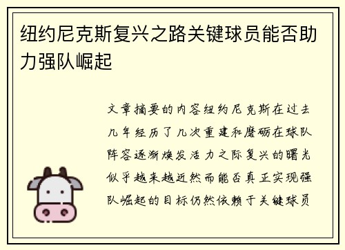 纽约尼克斯复兴之路关键球员能否助力强队崛起